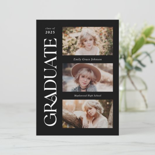 Zwart Trendy Serif Meerdere Foto Afstuderen Aankondiging (Staand voorkant)