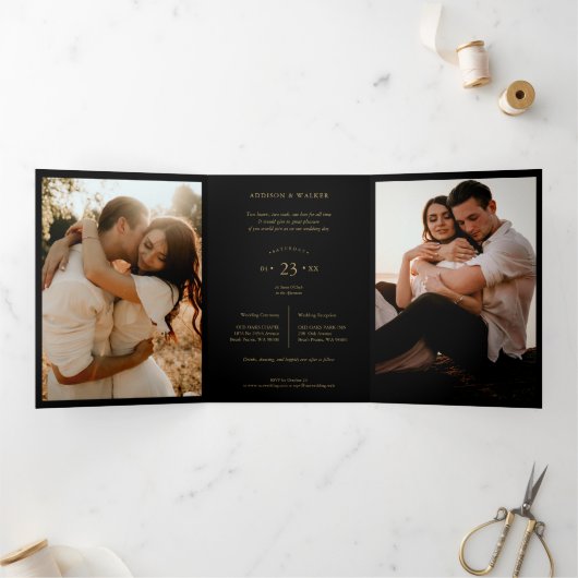 Zwart Trendy & Stijlvolle Collage Bruiloft 7 Foto' Drieluik Uitnodiging (Binnen)