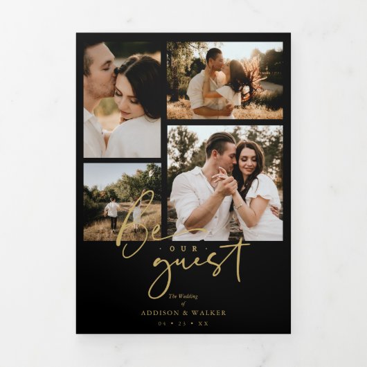 Zwart Trendy & Stijlvolle Collage Bruiloft 7 Foto' Drieluik Uitnodiging (Cover)