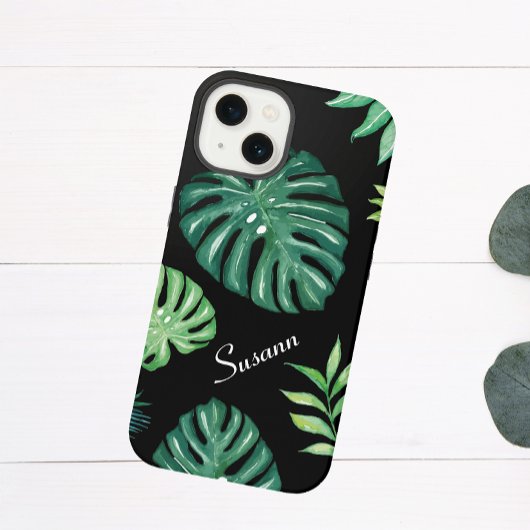 Zwart Tropisch Bladpatroon iPhone 14 Hoesje