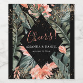 Zwart Tropisch Bloemen Bruiloft Wijn Flesje Label Wijn Etiket (Enkel label)