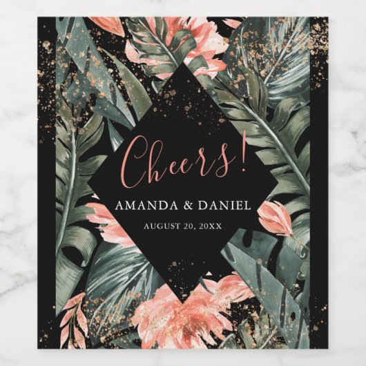 Zwart Tropisch Bloemen Bruiloft Wijn Flesje Label Wijn Etiket (Enkel label)