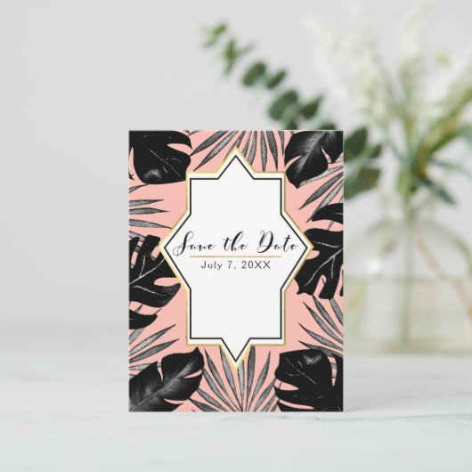Zwart tropisch lekt koraal goud sparen de datum aankondigingskaart (Staand voorkant)