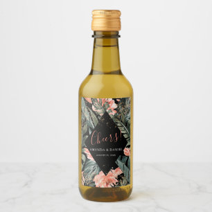Zwart Tropisch Palm Wedding Mini Wijnflesje Label Wijn Etiket