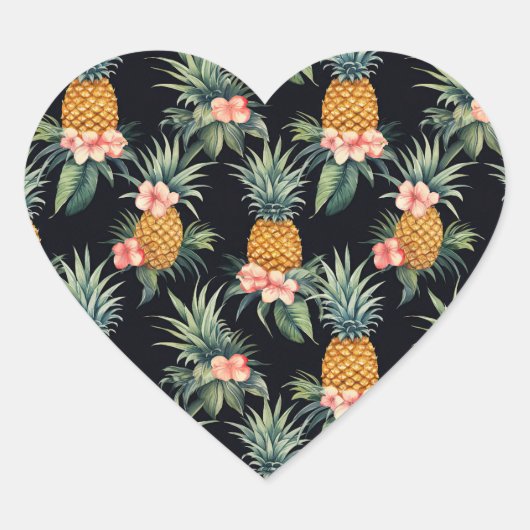 Zwart Tropisch Roze Bloemen en Ananas Hart Sticker (Voorkant)