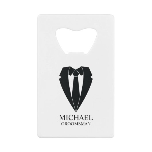 Zwart trouwpak en Stropdas Gepersonaliseerde Groom Creditkaart Flessenopener (Voorkant)