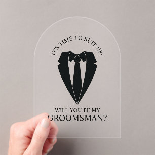 Zwart Trouwpak en Stropdas Groomsman Voorstel Acryl Uitnodigingen