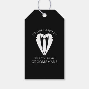 Zwart Trouwpak en Stropdas Groomsman Voorstel Cadeaulabel