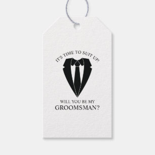 Zwart Trouwpak en Stropdas Groomsman Voorstel Cadeaulabel