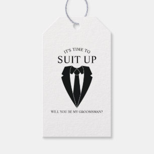 Zwart Trouwpak en Stropdas Groomsman Voorstel Cadeaulabel