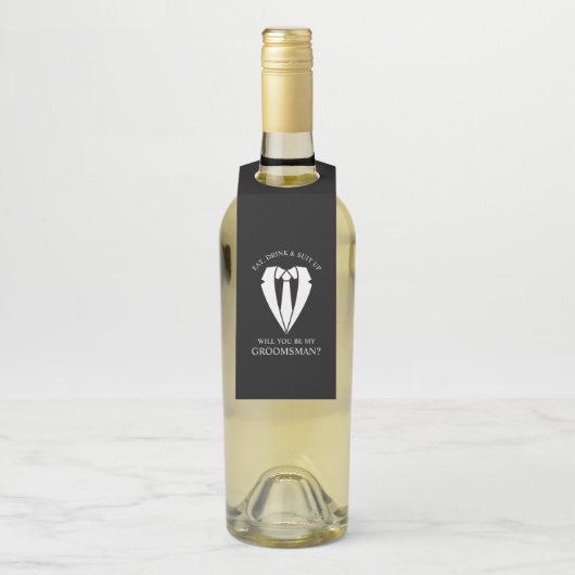 Zwart Trouwpak en Stropdas Groomsman Voorstel Flessenhanger (Op fles)