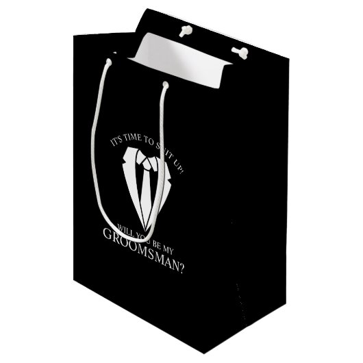 Zwart Trouwpak en Stropdas Groomsman Voorstel Medium Cadeauzakje (Voorkant Gekanteld)