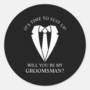 Zwart Trouwpak en Stropdas Groomsman Voorstel Ronde Sticker