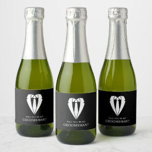 Zwart Trouwpak en Stropdas Groomsman Voorstel Sparkling Wijnetiket