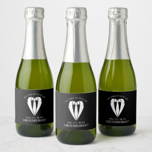 Zwart Trouwpak en Stropdas Groomsman Voorstel Sparkling Wijnetiket