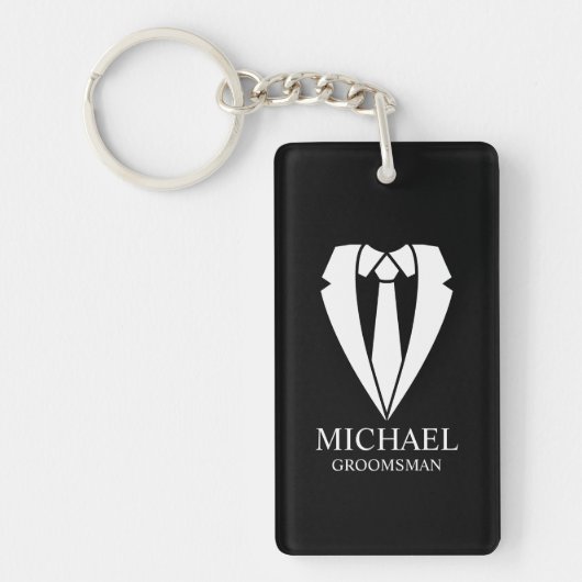 Zwart trouwpak Gepersonaliseerde Groomsmen Sleutelhanger (Voorkant)
