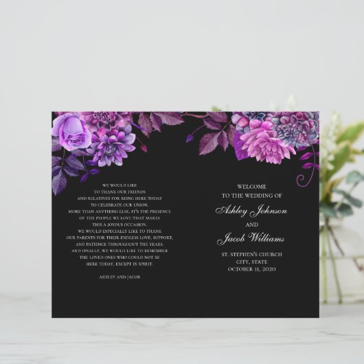 Zwart trouwprogramma gevouwen. Paardenbloemen (Staand voorkant)