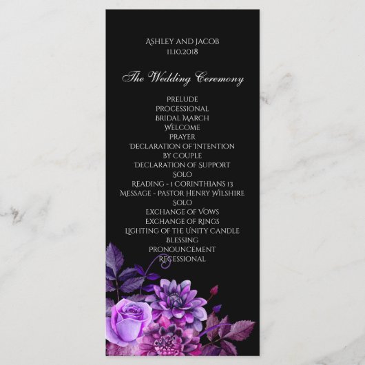 Zwart trouwprogramma. Paarse bloemenceremoniekaart Programmakaart (Voorkant)