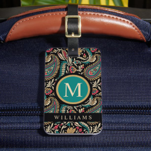 Zwart Turkoois Blauw Groen Goud Paisley Patroon Bagagelabel