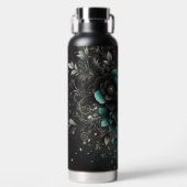 Zwart & Turkoois Bloemmotief Waterfles (Voorkant)