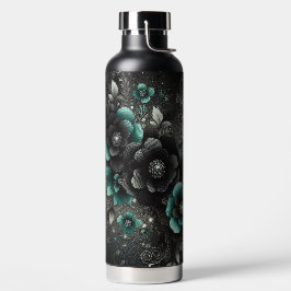 Zwart & Turkoois Bloemmotief Waterfles