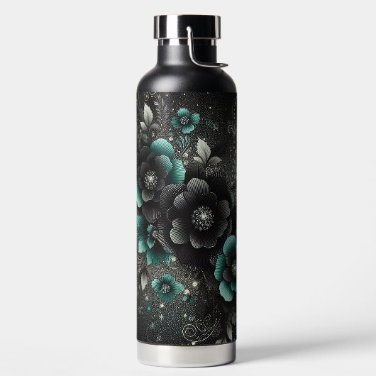 Zwart & Turkoois Bloemmotief Waterfles (Links)