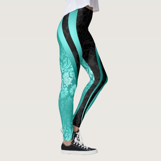 Zwart & Turquoise Bloemen Damast Geometrisch Ontwe Leggings (Rechts)