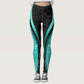 Zwart & Turquoise Bloemen Damast Geometrisch Ontwe Leggings (Voorkant)