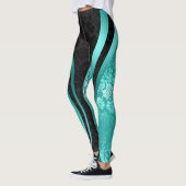 Zwart & Turquoise Bloemen Damast Geometrisch Ontwe Leggings (Links)