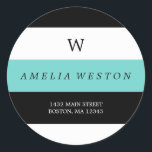 Zwart & Turquoise strepen | Label retouradres<br><div class="desc">Het gemonogram etiket van het terugkeeradres in zwart,  wit,  en turquoise met brede strepen en een elegant lettertype.</div>