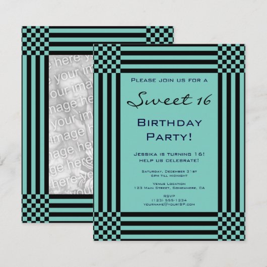 Zwart Turquoise Strepen Sweet 16 Verjaardagsfeestj Kaart (Voorkant / Achterkant)