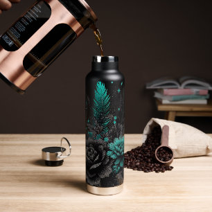 Zwart & Turquoise Veren en bloemen Waterfles