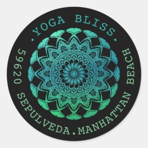 Zwart Turquoise Waterverf Mandala Adreslabel Ronde Sticker