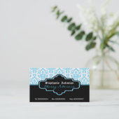 Zwart turquoise wit damast interieur visitekaartje (Staand voorkant)