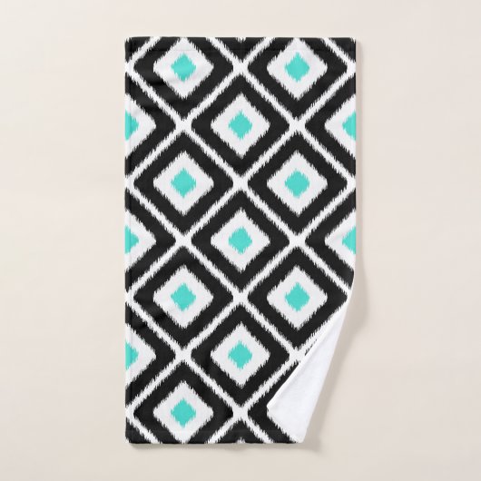Zwart, Turquoise, wit Ikat Diamond Pattern Bad Handdoek (Handdoek)