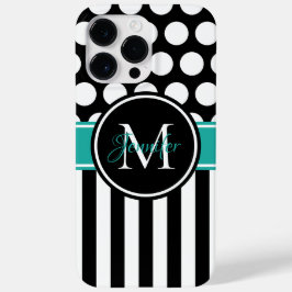 Zwart Turquoise Wit Streep Stip Monogram Case-Mate iPhone 14 Pro Max Hoesje