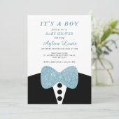Zwart Tuxedo Blauw Glitter Bow Stropdas Baby Jonge Kaart (Staand voorkant)