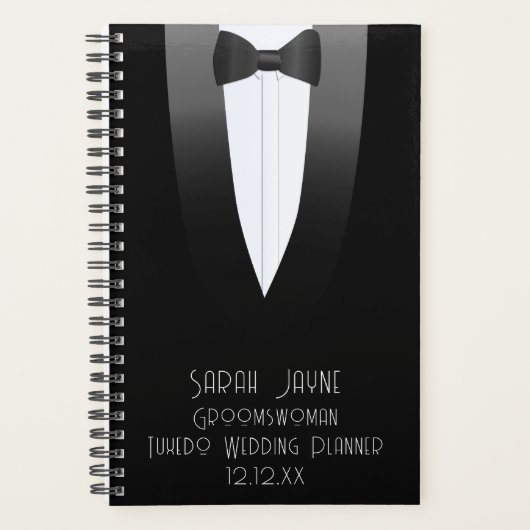 Zwart Tuxedo Groomswoman 1920s Bruiloft Planner (Voorkant)