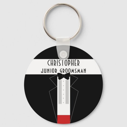 Zwart Tuxedo Junior Groomsman Bruiloft Sleutelhang Sleutelhanger (Voorkant)