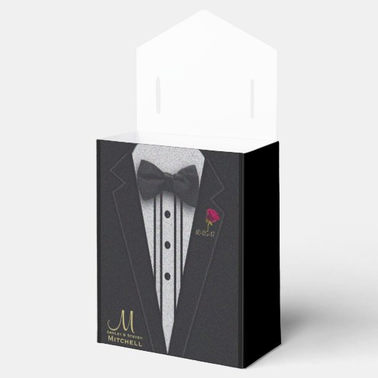 Zwart Tuxedo Monogram met Rode Roos Bedankdoosjes (Geopend)