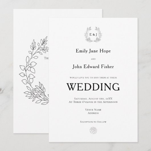 Zwart Typografie/Blad Monogram Initialen Bruiloft Kaart (Voorkant / Achterkant)