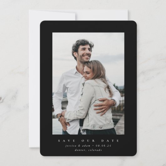 Zwart ultra-minimaal opslaan Datum fotokaart Save The Date (Voorkant)