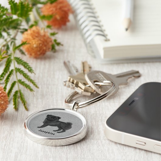 Zwart vacht kleur Pug Mops Hondenras met een naam Sleutelhanger (Zijkant)