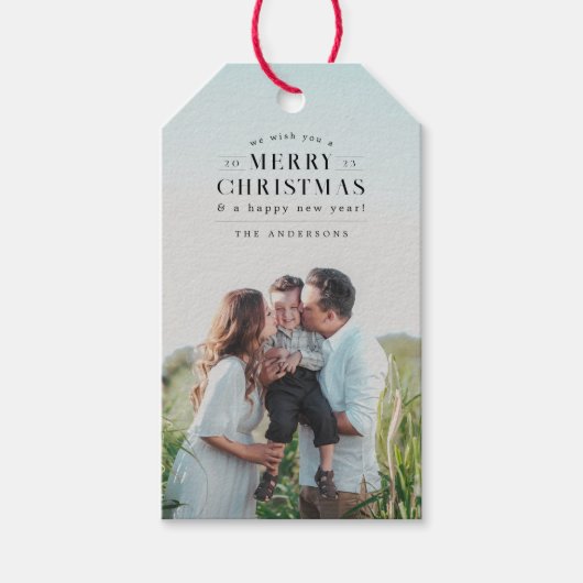 Zwart Vakantie Plaid Foto Kerstmis Cadeaulabel (Voorkant)