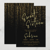 Zwart Vallende Gouden Sparkles Sweet 16 Verjaardag Kaart (Voorkant / Achterkant)