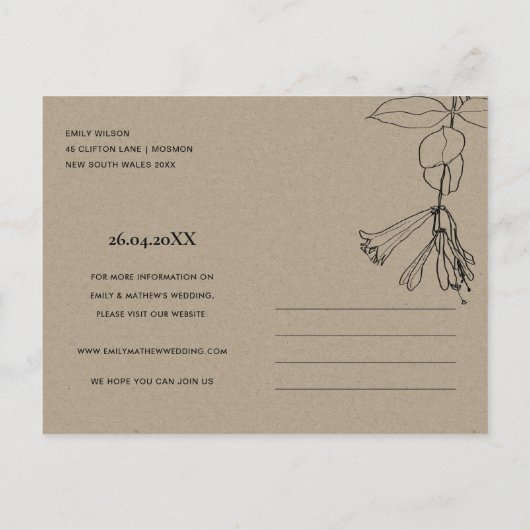 ZWART VAN WITTE LIJN DIE FLORAL SLEEP DE DATUM AANKONDIGINGSKAART (Achterkant)