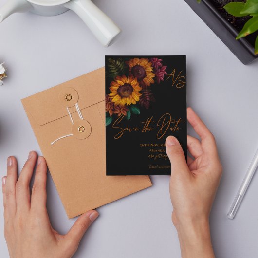 Zwart Verbrand Sinaasappel Monogram Bruiloft Save Briefkaart