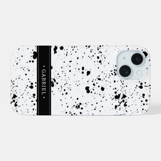 Zwart verf splatter patroon | Jouw namen toevoegen iPhone 15 Case (Achterkant horizontaal)