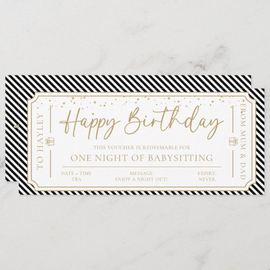 Zwart Verjaardag Babysitten Cadeaubon Kaart (Voorkant / Achterkant)