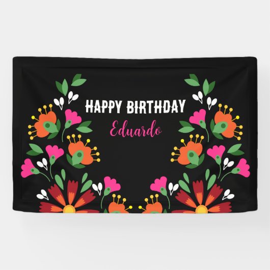 Zwart Verjaardag Bloem Fiesta Mexicaanse Borduurwe Spandoek (Horizontaal)